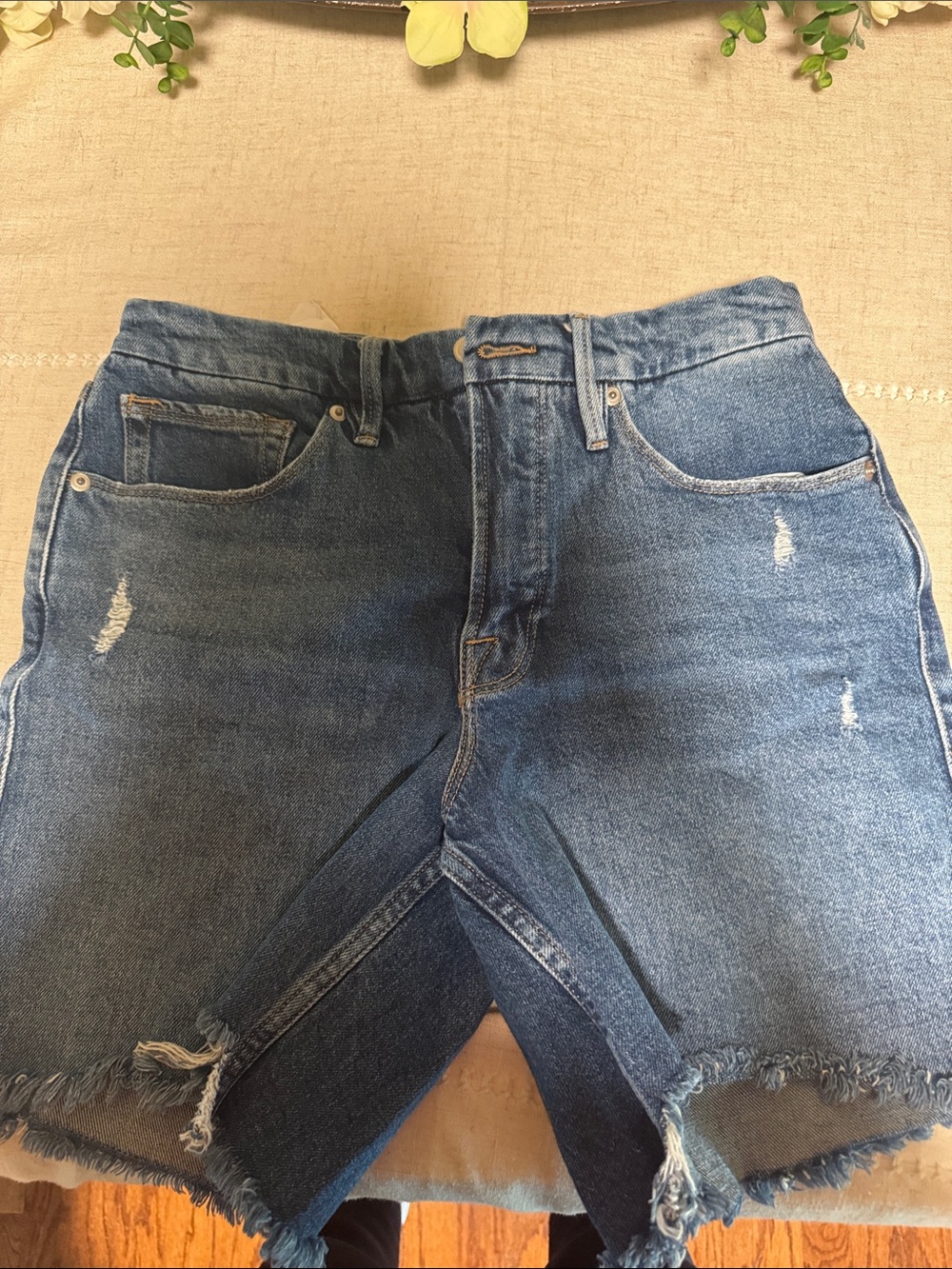 Good American Distressed Blue Denim Shorts